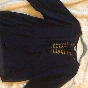 Very pretty navy sheer top with beading and chain detailing. Size M
